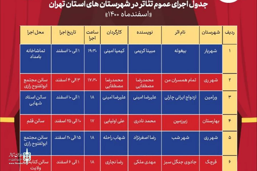جدول اجرای عمومی اسفند ماه تئاتر استان تهران منتشر شد 3