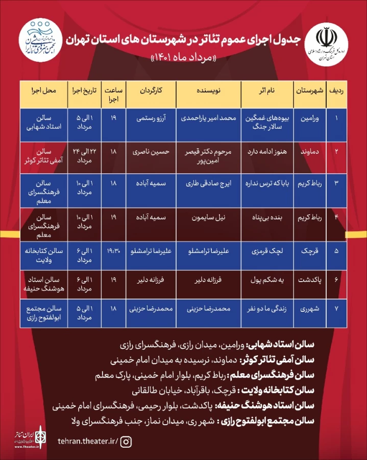 جدول اجراهای مردادماه شهرستان‌های استان تهران