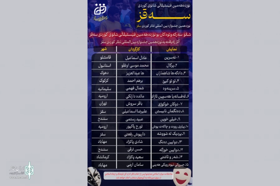 آثار راه یافته به نوزدهمین جشنواره بین‌المللی تئاتر کوردی سقز 2